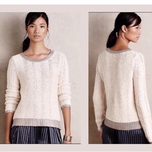 Anthropologie MOTH Cream Thick Knit Cotton Sweater Shiny Silver Trim Size Large